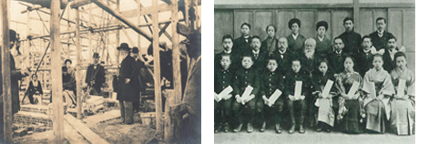 〔照片〕左：日陶、基石配置 〔照片〕右：森村学園第1回毕业生